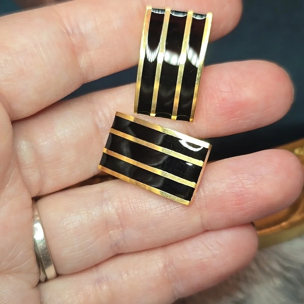 Gold and Black Striped Stainless Steel Cufflinks Brand New - Picture 8 of 10